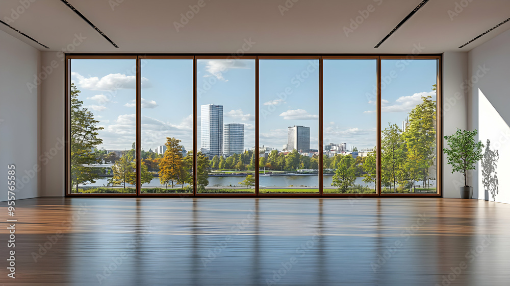 Fototapeta premium Modern interior with large windows showcasing a cityscape and nature.