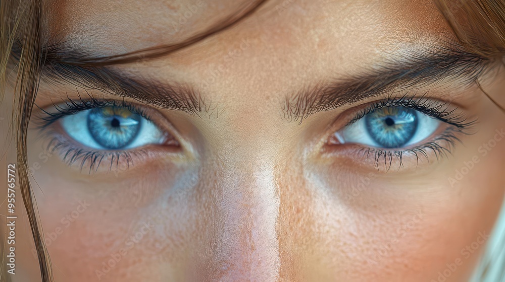 Fototapeta premium captivating closeup of womans piercing blue eyes intricate iris detail depth of emotion conveyed soft focus on lashes and brows intimate portrait of mesmerizing beauty