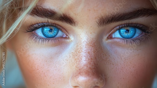 captivating closeup of womans piercing blue eyes intricate iris detail depth of emotion conveyed soft focus on lashes and brows intimate portrait of mesmerizing beauty photo