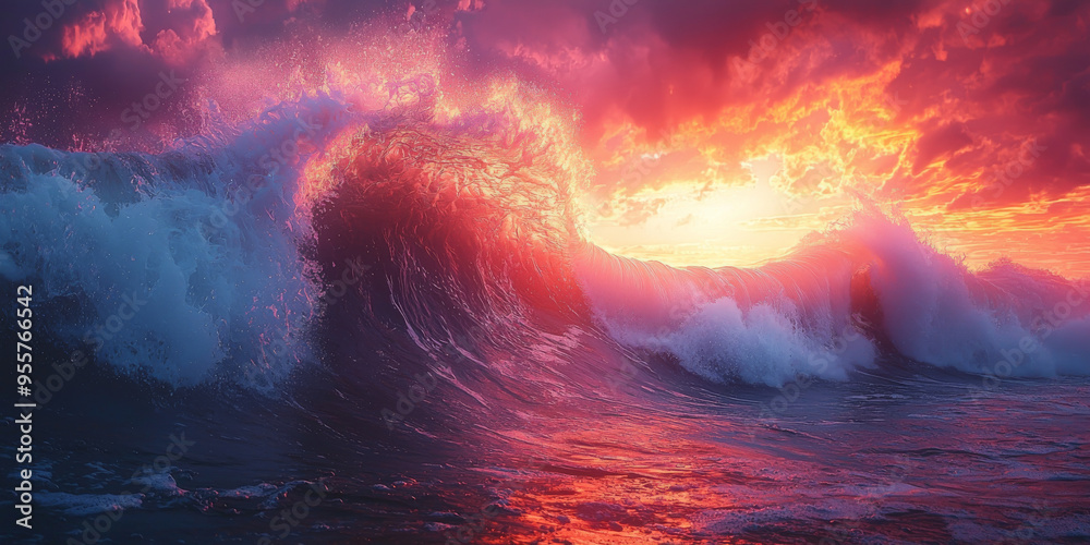 Dramatic waves crashing against the shore during a fiery sunset. Dramatic waves crashing against the shore during a fiery sunset.