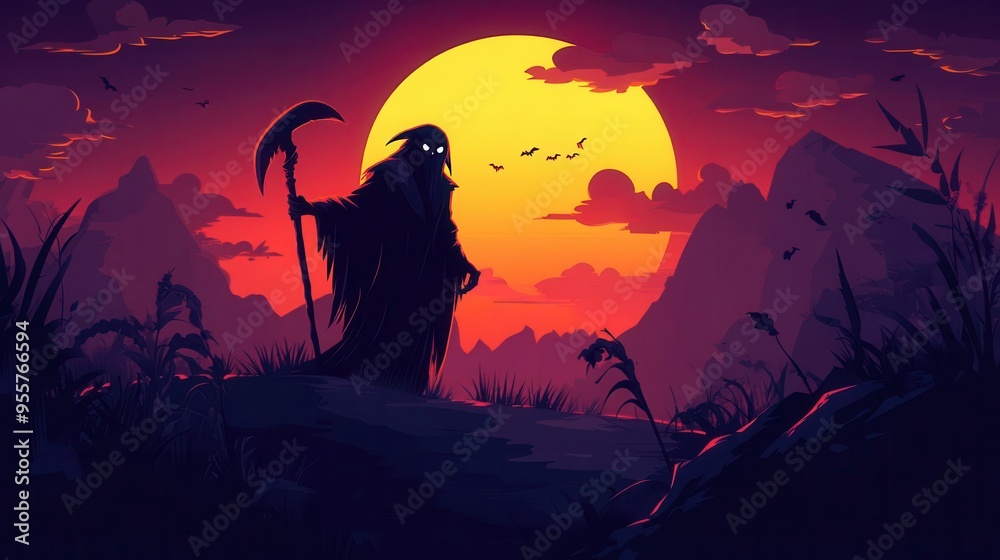 Dark twilight sky with a Grim Reaper in silhouette, flat design, front view, spectral figure theme, cartoon drawing, Split-complementary color scheme Dark twilight sky with a Grim Reaper in silhouette, flat design, front view, spectral figure theme, cartoon drawing, Split-complementary color scheme