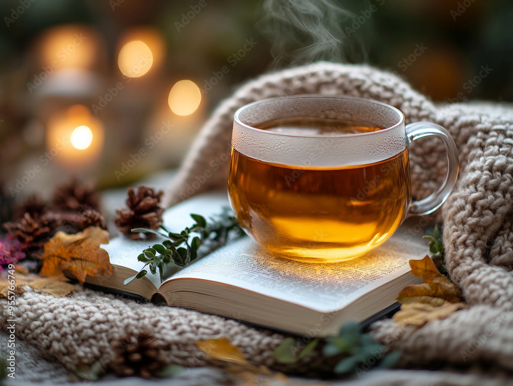 Fototapeta premium A cup of tea is sitting on top of an open book with leaves