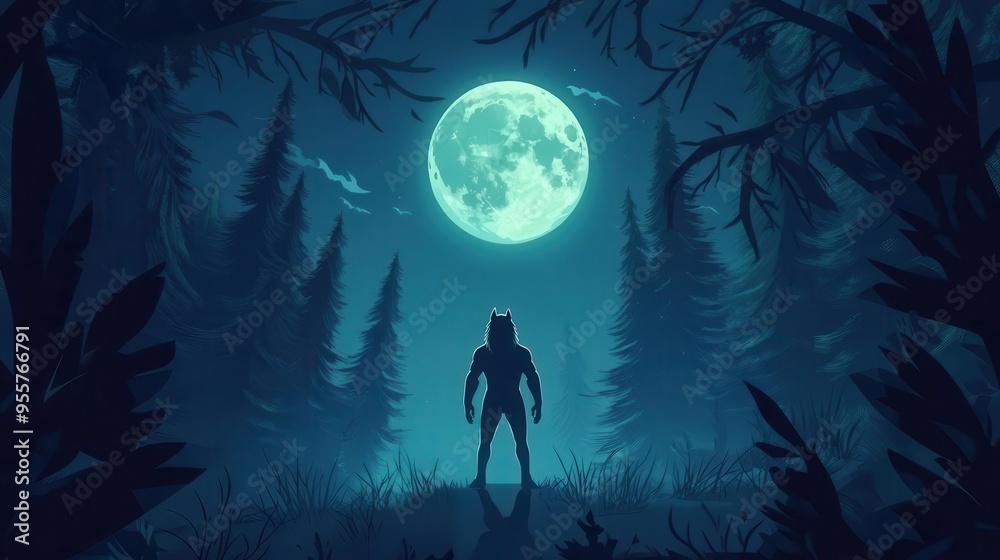 Eerie werewolf figure under a full moon in a dark forest, flat design, top view, haunted whispers theme, cartoon drawing, Triadic Color Scheme Eerie werewolf figure under a full moon in a dark forest, flat design, top view, haunted whispers theme, cartoon drawing, Triadic Color Scheme