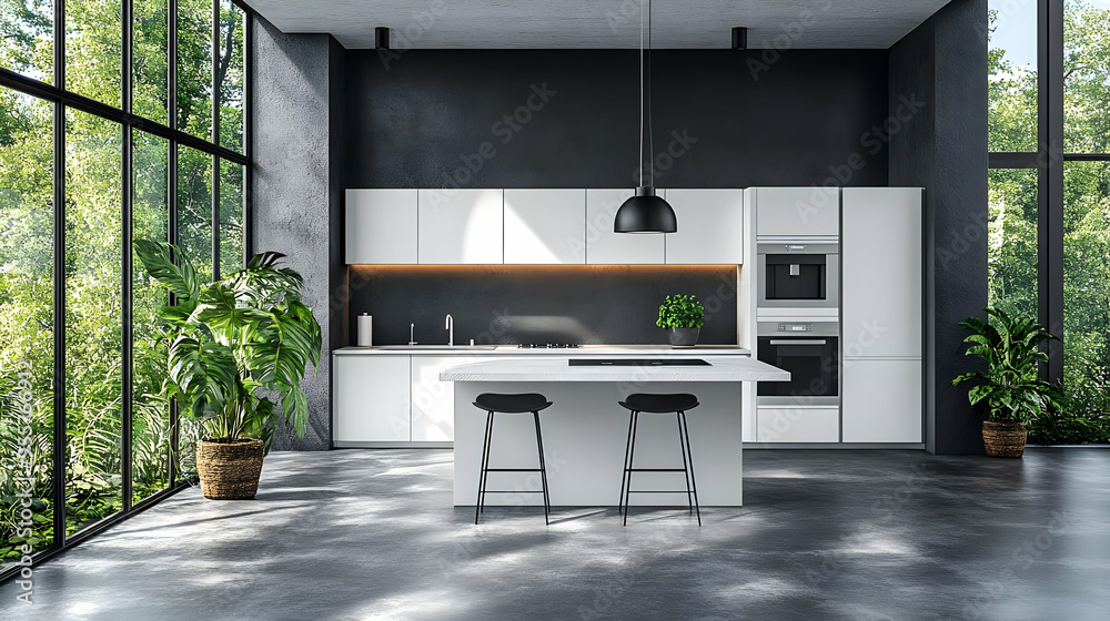 Modern kitchen with large windows and greenery outside.