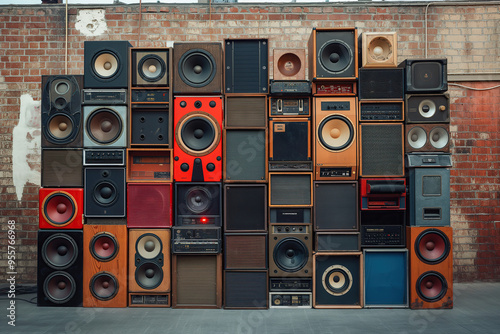 technical equipment, wall of different retro and vintage speakers, music wall, sound sytem, photorealistic
