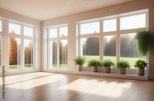 abstract empty hall, light timber floor, big windows, natural views, fresh plants, no people