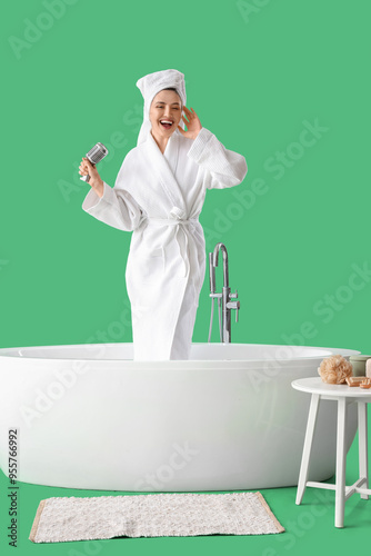 Young woman with microphone...