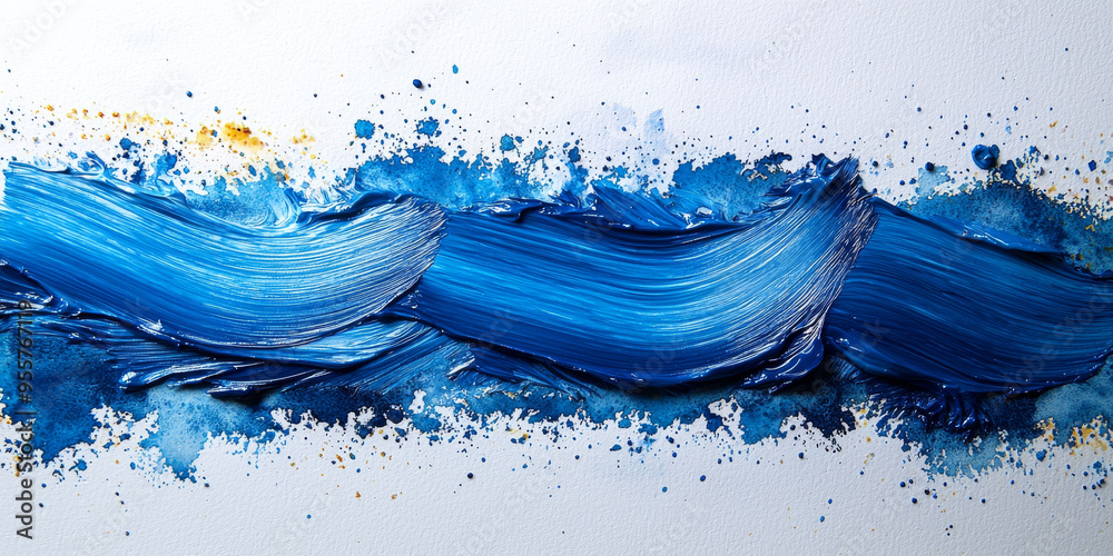 Bold blue brushstrokes with splattered accents, abstract art on a white background. Bold blue brushstrokes with splattered accents, abstract art on a white background.