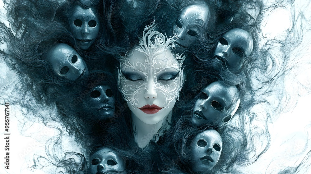 Ghostly queen surrounded by swirling Halloween masks, detailed digital painting, haunting and majestic, isolated on white background Ghostly queen surrounded by swirling Halloween masks, detailed digital painting, haunting and majestic, isolated on white background