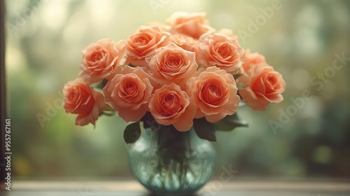 closeup of a bouquet of coral roses in full bloom arranged in a vintage vase against a softfocus garden background photo