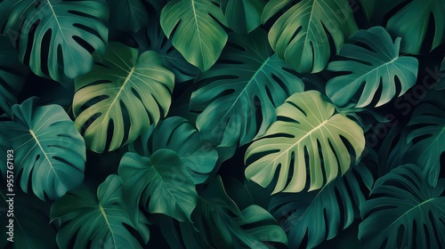 Wallpaper Mural Jungle leaves creating layered depth, flat design, top view, tropical vibes theme, water color, colored pastel Torontodigital.ca