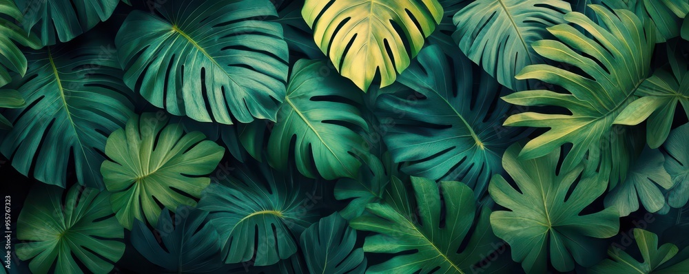 Jungle leaves with dynamic depth, flat design, top view, tropical landscape theme, water color, Split-complementary color scheme