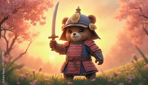 Samurai bear wearing pink armor and raised sword in lush green meadow and cherry blossoms  photo