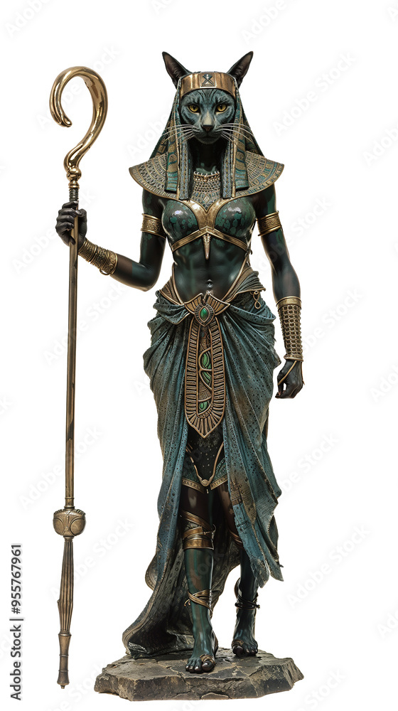 Anthropomorphic cat goddess statue in ancient Egyptian attire. Feline headed figure of Bastet with ornate headdress, holding staff. Blend of human and animal features in mythological representation Anthropomorphic cat goddess statue in ancient Egyptian attire. Feline headed figure of Bastet with ornate headdress, holding staff. Blend of human and animal features in mythological representation