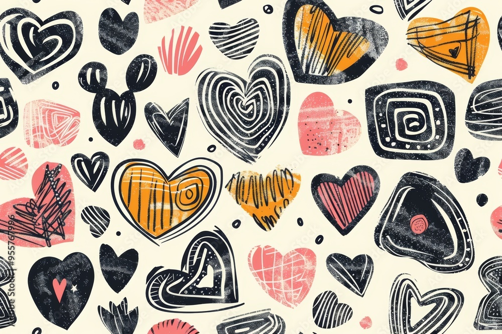 Naklejka premium Hand drawn seamless pattern featuring hearts and abstract shapes with space for personalized text decoration