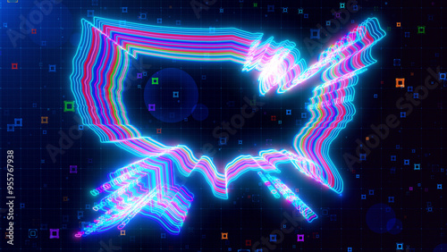 A vibrant digital artwork of United States map outlined with neon lines, set against a futuristic grid background with colorful abstract HUD squares.