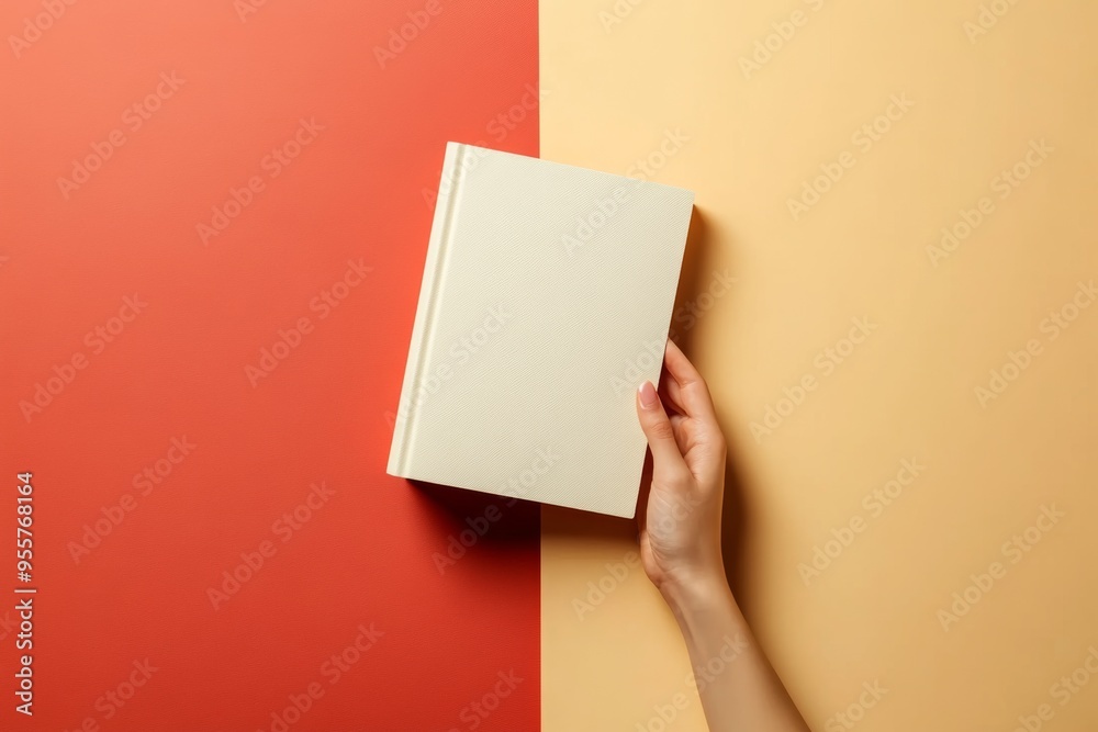 Hand holding a clean modern book mockup on colorful warm-toned backgrounds in a stylish overhead view Hand holding a clean modern book mockup on colorful warm-toned backgrounds in a stylish overhead view