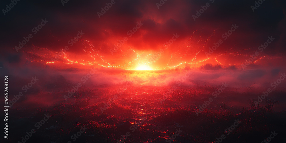 A fiery sunset with lightning strikes illuminates a foggy landscape. A fiery sunset with lightning strikes illuminates a foggy landscape.