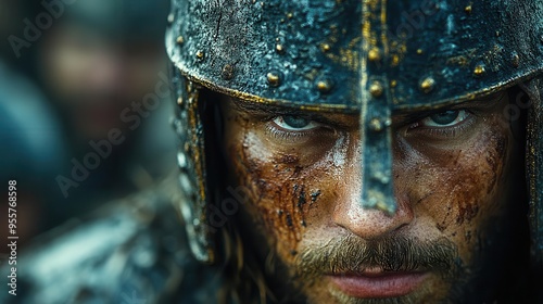 closeup portrait of a battlehardened ancient warrior piercing eyes gleam beneath a weathered helmet intricate armor adorns his muscular frame ready for combat photo