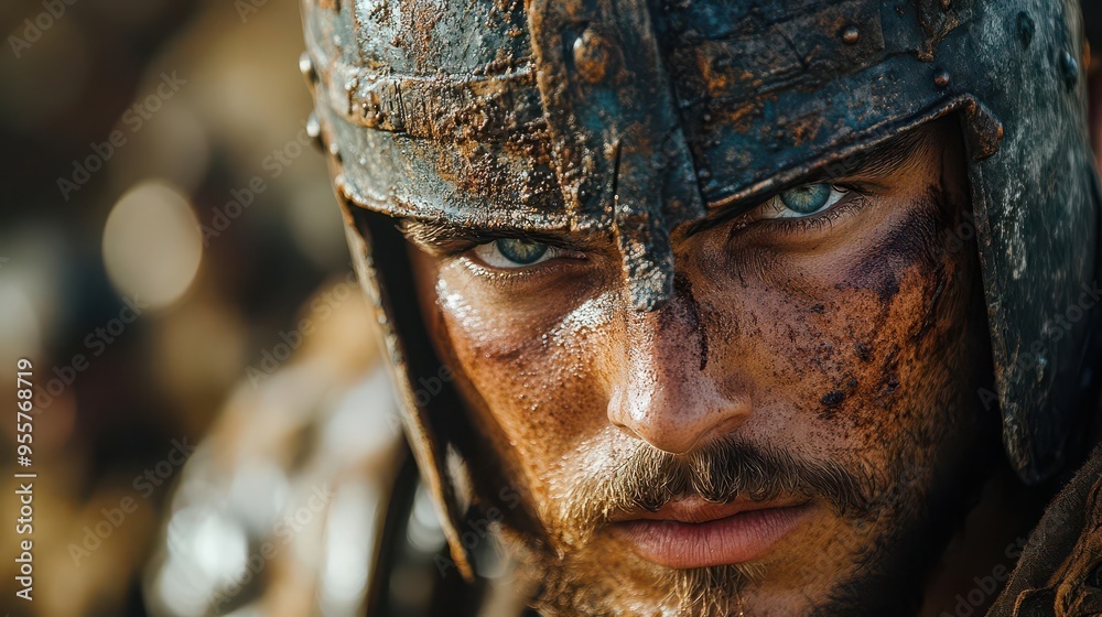 closeup portrait of a battlehardened ancient warrior piercing eyes gleam beneath a weathered helmet intricate armor adorns his muscular frame ready for combat closeup portrait of a battlehardened ancient warrior piercing eyes gleam beneath a weathered helmet intricate armor adorns his muscular frame ready for combat