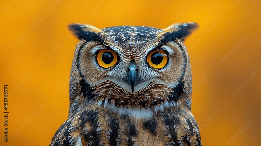 closeup portrait of a wideeyed owl against a vibrant yellow background capturing its intense gaze and intricate feather details