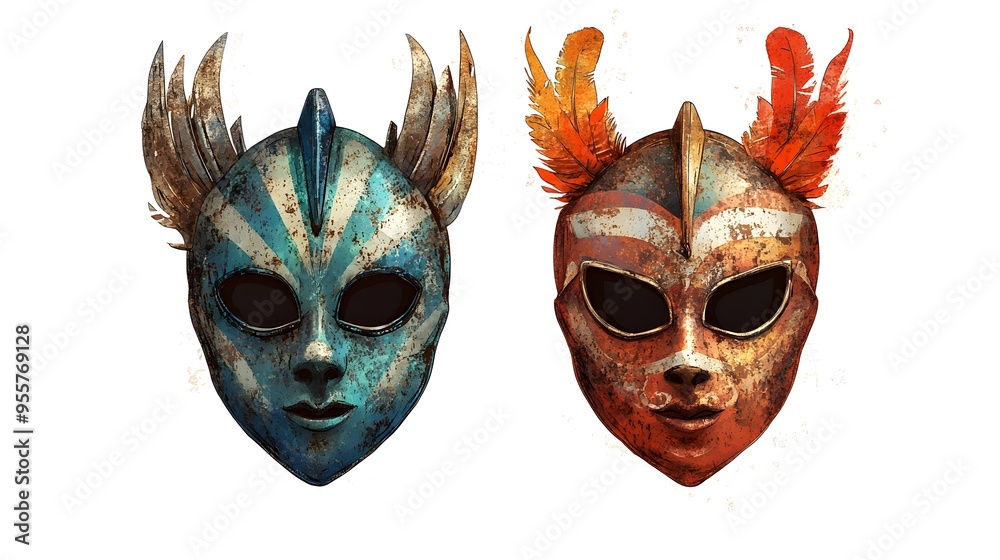 Old rusted armor with vibrant Halloween masks, contrasting decay and festivity, stylized vector illustration, isolated on white background Old rusted armor with vibrant Halloween masks, contrasting decay and festivity, stylized vector illustration, isolated on white background
