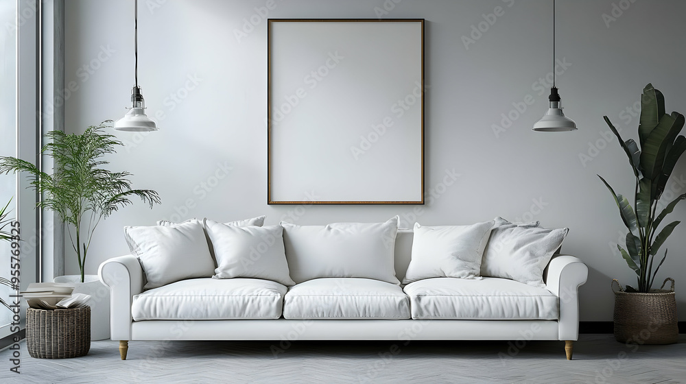 Modern living room with a white sofa and minimalist decor.