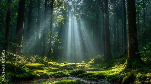 Enchanting forest tall trees mosscovered ground and beams of sunlight piercing through photo