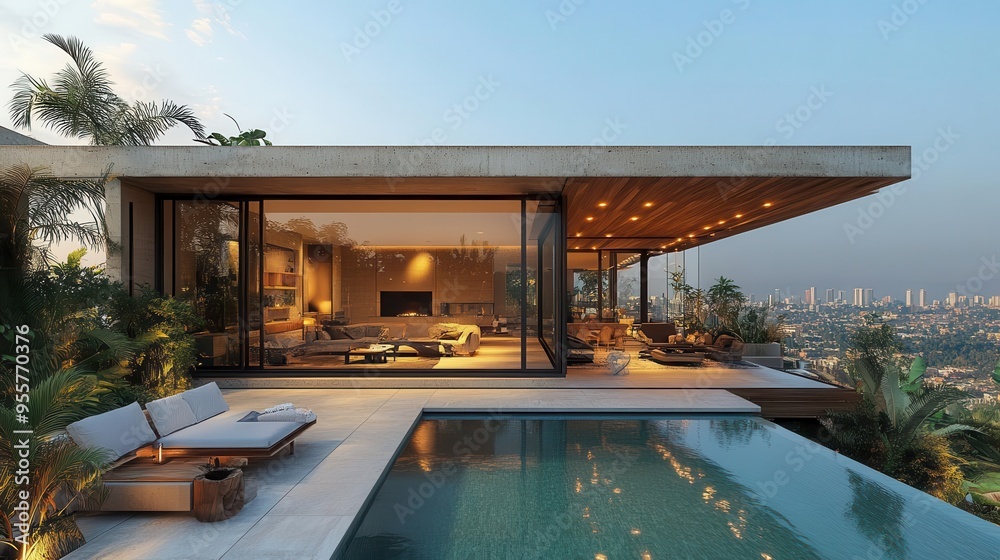 Fototapeta premium contemporary outdoor living space featuring infinity pool sleek furniture and minimalist wooden canopy against modern architecture