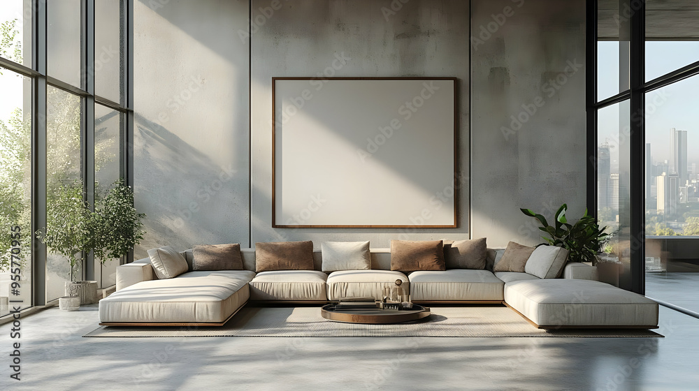 Modern living room with large windows and minimalist design. Modern living room with large windows and minimalist design.