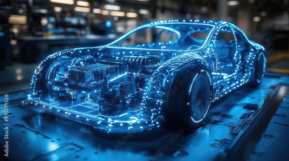 Digital Automotive Blueprint: A Futuristic Holographic Projection of a High-Performance Vehicle's Intricate Design Digital Automotive Blueprint: A Futuristic Holographic Projection of a High-Performance Vehicle's Intricate Design