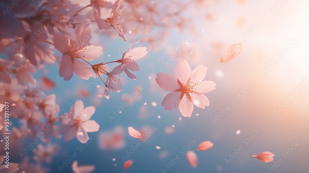 Delicate Pink Cherry Blossoms Falling Against a Soft Blue Sky Delicate Pink Cherry Blossoms Falling Against a Soft Blue Sky