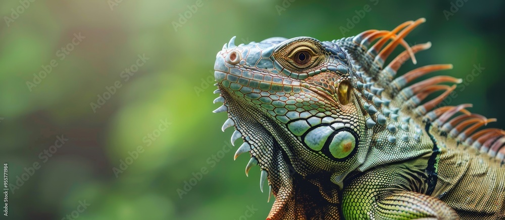 A Large Green Iguana Up Close Large Green Iguana On A Green Background A Large Green Iguana Up Close Large Green Iguana On A Green Background