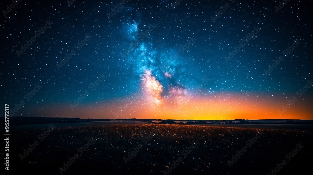 Enchanting night sky filled stars over a quiet countryside landscape Enchanting night sky filled stars over a quiet countryside landscape
