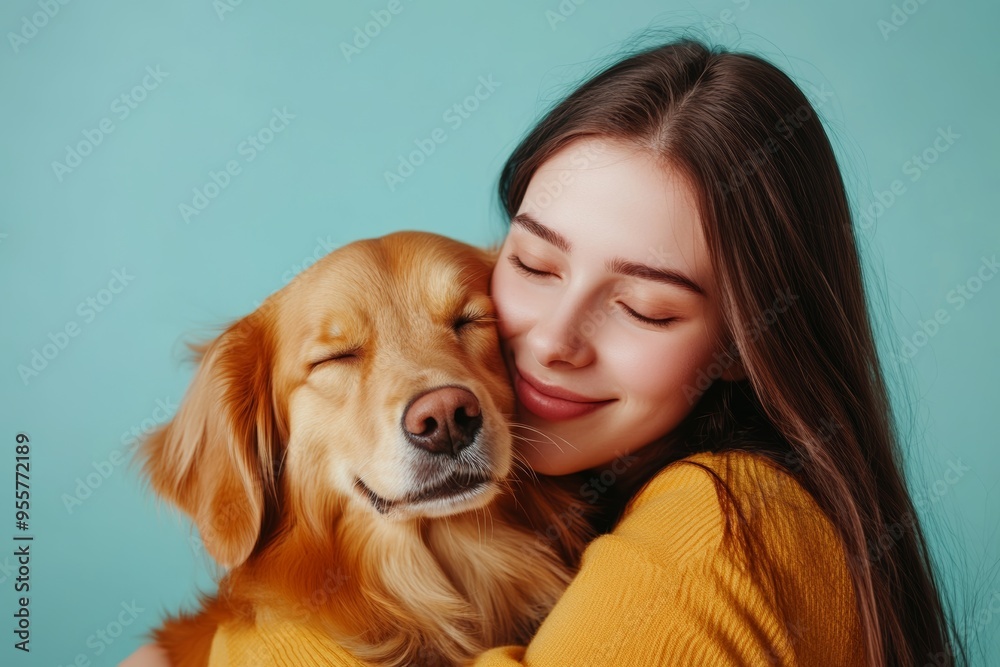 Girl hugging a happy golden retriever on a blue background Girl hugging a happy golden retriever on a blue background
