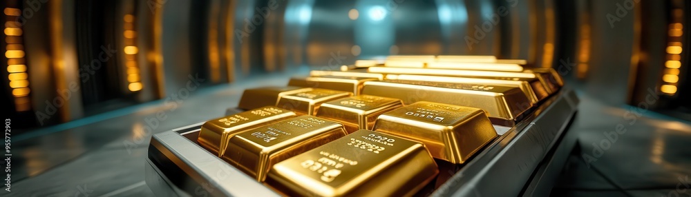 Gold bars in a futuristic vault, security and wealth, luxury concept Gold bars in a futuristic vault, security and wealth, luxury concept