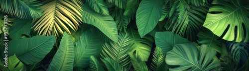 Jungle leaves with intricate depth, flat design, top view, tropical garden theme, animation, vivid