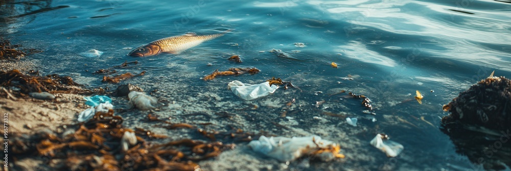 A dead fish lies on the shore amid floating plastics and oil spills, highlighting the devastation of coral reefs nearby. Generative AI A dead fish lies on the shore amid floating plastics and oil spills, highlighting the devastation of coral reefs nearby. Generative AI