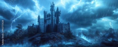 Ominous castle under a raging thunderstorm, flat design, side view, evil theme, 3D render, vivid colors