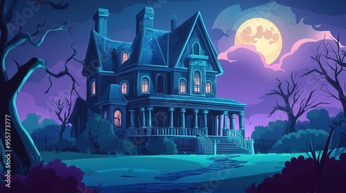 Sinister mansion with moonlight and ghosts, flat design, side view, cursed theme, cartoon drawing, colored pastel photo