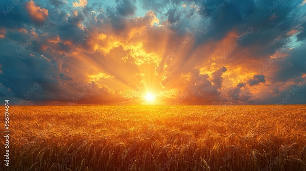 Fototapeta premium dramatic cloudscape over golden wheat field sun rays piercing through storm clouds creating ethereal light patterns