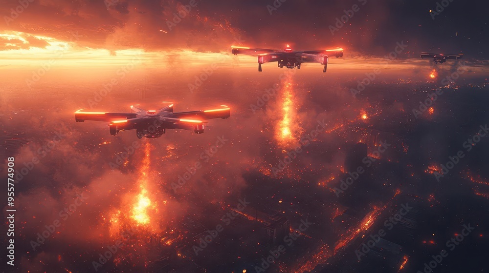 dramatic scene of a hightech drone attack with sleek unmanned aerial vehicles launching precision strikes against a night sky filled with explosions and trailing missile smoke dramatic scene of a hightech drone attack with sleek unmanned aerial vehicles launching precision strikes against a night sky filled with explosions and trailing missile smoke