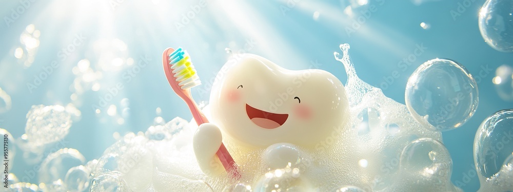 Obraz premium Smiling Tooth Mascot Holding a Toothbrush Surrounded by Bubbles, Dental Care for Children’s Health Education, Promoting Oral Hygiene Awareness with Playful Imagery.AI-generate, Wallpaper. 
