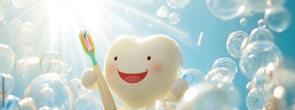 Smiling Tooth Mascot Holding a Toothbrush Surrounded by Bubbles, Dental Care for Children’s Health Education, Promoting Oral Hygiene Awareness with Playful Imagery.AI-generate, Wallpaper. Smiling Tooth Mascot Holding a Toothbrush Surrounded by Bubbles, Dental Care for Children’s Health Education, Promoting Oral Hygiene Awareness with Playful Imagery.AI-generate, Wallpaper.