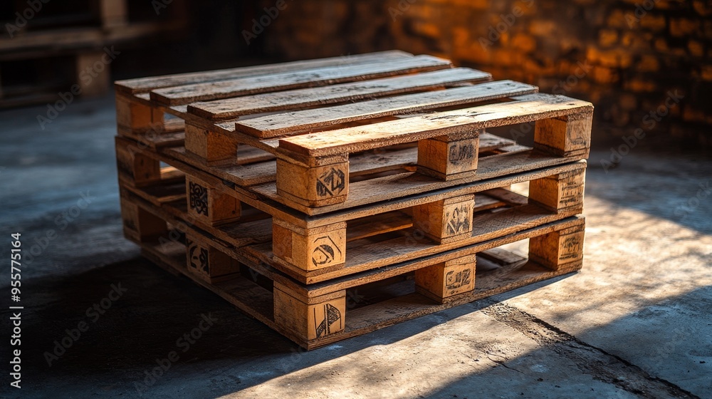 A stack of empty wooden pallets arranged neatly in a dimly lit warehouse corner, with soft shadows emphasizing the textures of the wood, industrial setting A stack of empty wooden pallets arranged neatly in a dimly lit warehouse corner, with soft shadows emphasizing the textures of the wood, industrial setting