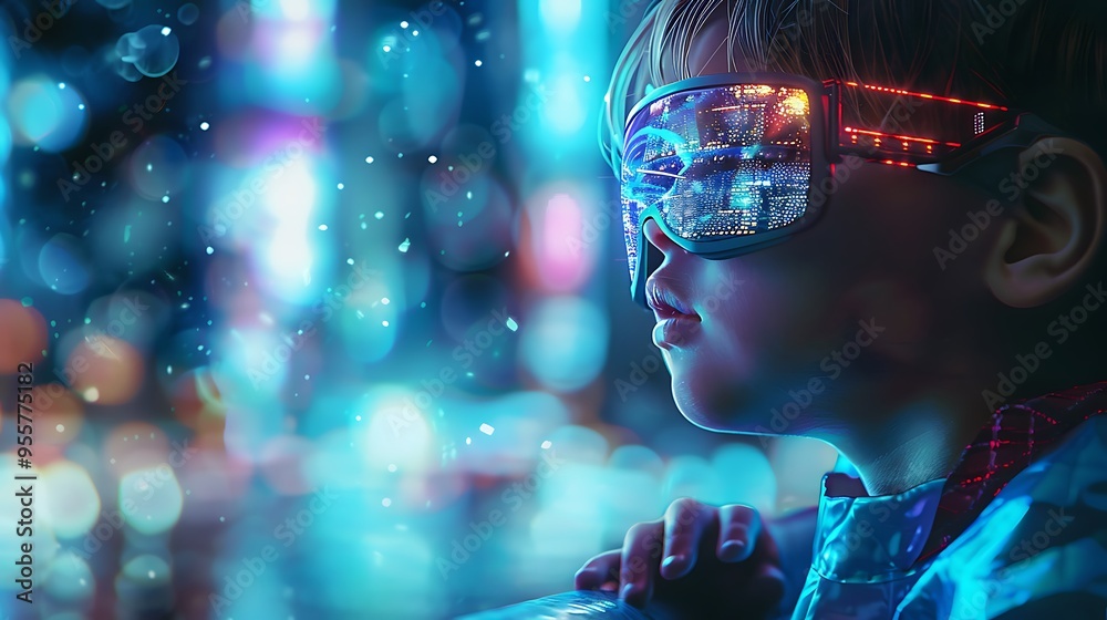The essence of the metaverse is captured by a young child wearing futuristic cyberpunk glasses and immersed in augmented reality with a quantum computing interface superimposed on their field The essence of the metaverse is captured by a young child wearing futuristic cyberpunk glasses and immersed in augmented reality with a quantum computing interface superimposed on their field