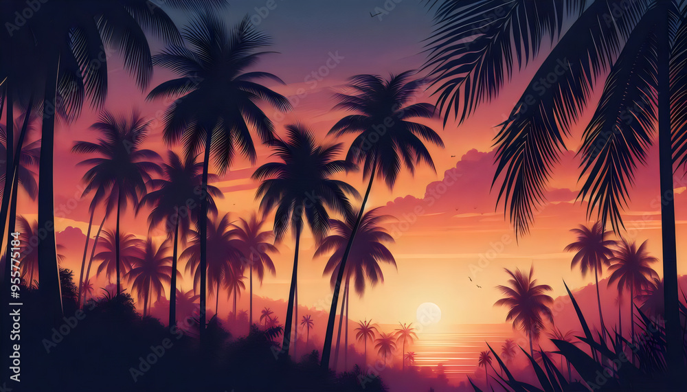 Tropical Paradise – Red-Hued Sunset Over Palm Trees Tropical Paradise – Red-Hued Sunset Over Palm Trees