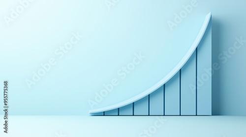 Exponential growth chart in light blue background A minimalist 3D bar chart in light blue color, illustrating exponential growth, with a curved upward trend on a plain background