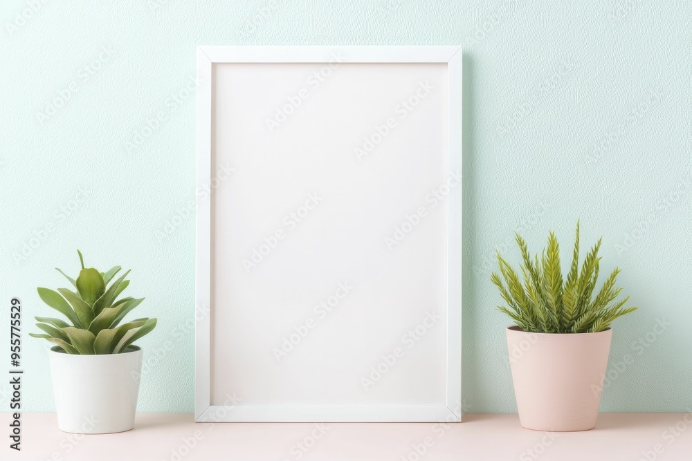 A blank picture frame standing between two potted plants on a pastel surface against a light blue wall A blank picture frame standing between two potted plants on a pastel surface against a light blue wall
