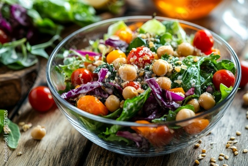 Vibrant salad with chickpeas, tomatoes, and greens photo